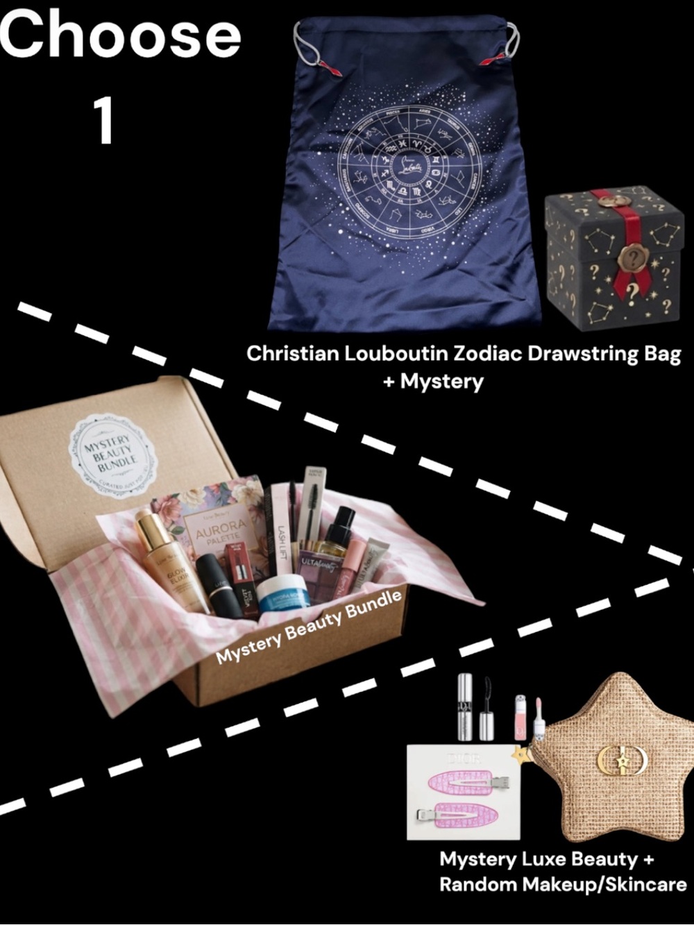 Choose 1: Christian Loub. Drawstring+mystery, Beauty set, or luxe beauty+makeup
